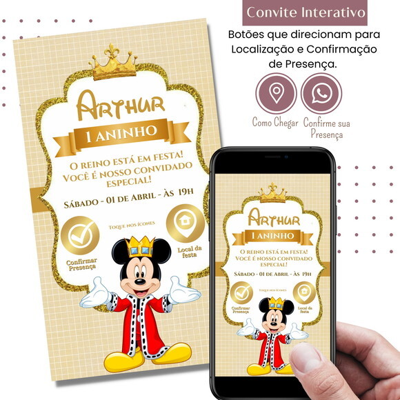 Convite Mickey Realeza Digital Interativo Virtual