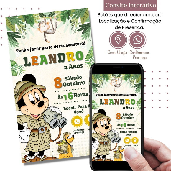 Convite Mickey Safari Digital Interativo Virtual