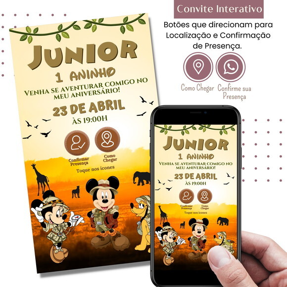 Convite Mickey Safari Digital Interativo Virtual