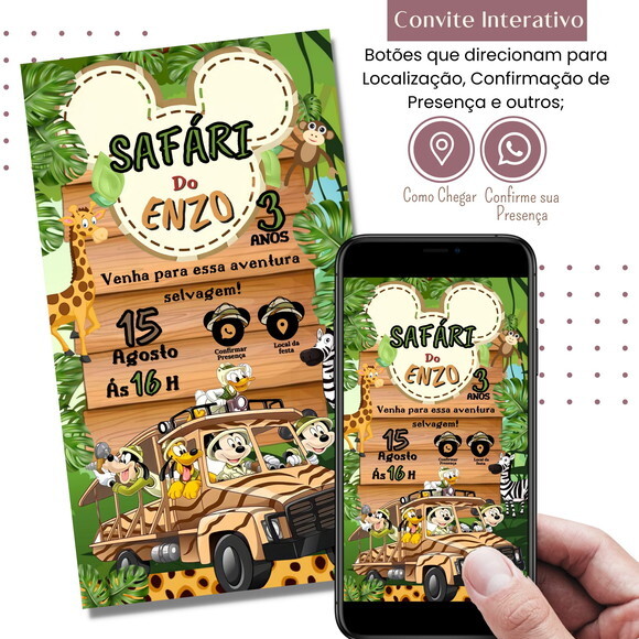 Convite Mickey Safari Digital Interativo Virtual