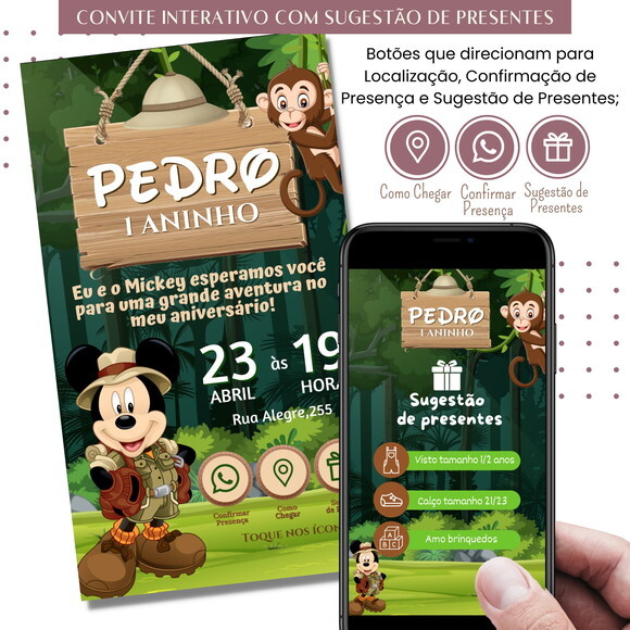 Convite Mickey Safari Digital Virtual Sugestão de Presente