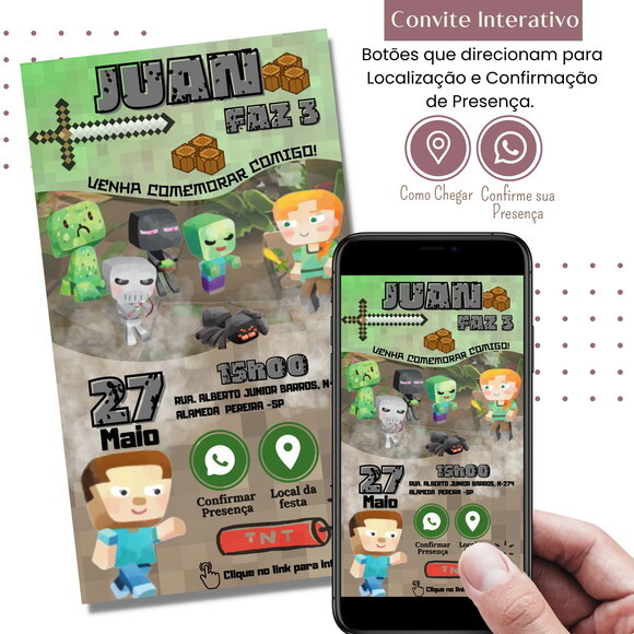 Convite Minecraft Aquarela Digital Interativo Virtual
