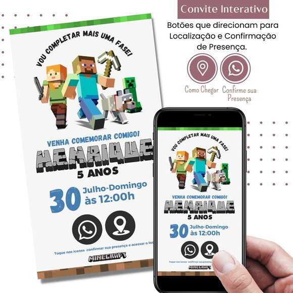 Convite Minecraft Digital Interativo Virtual