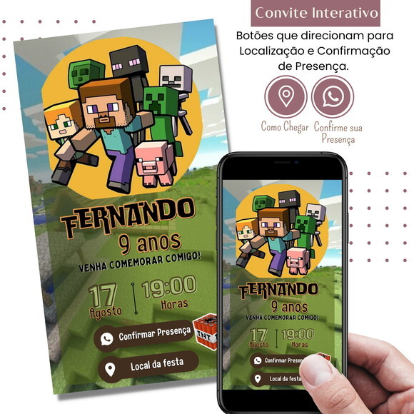 Convite Minecraft Digital Interativo Virtual