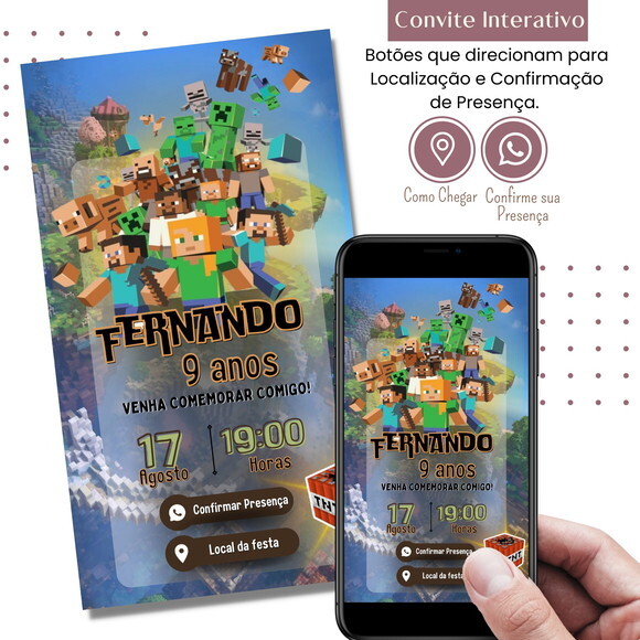 Convite Minecraft Digital Interativo Virtual