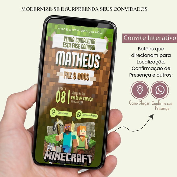 Convite Minecraft Digital Interativo Virtual Aniversário