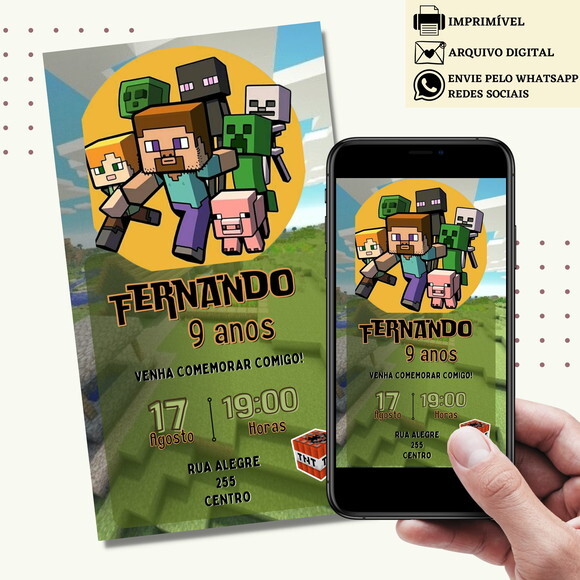 Convite Minecraft Digital Virtual