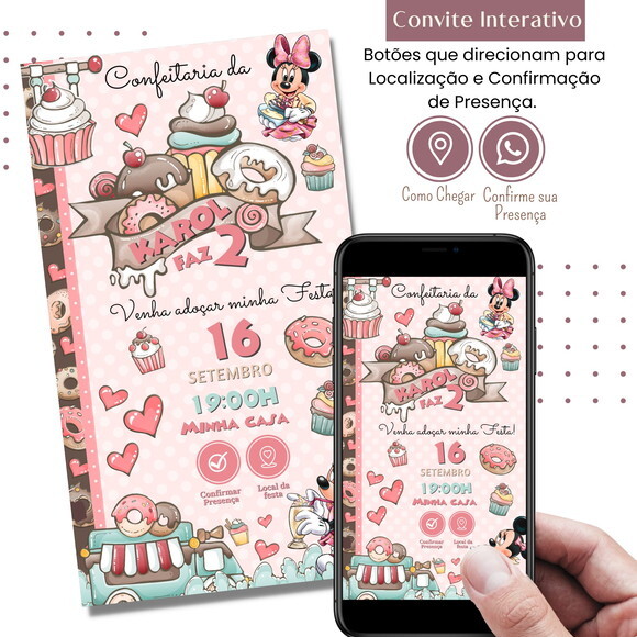 Convite Minnie Confeitaria Rosa Digital Interativo Virtual