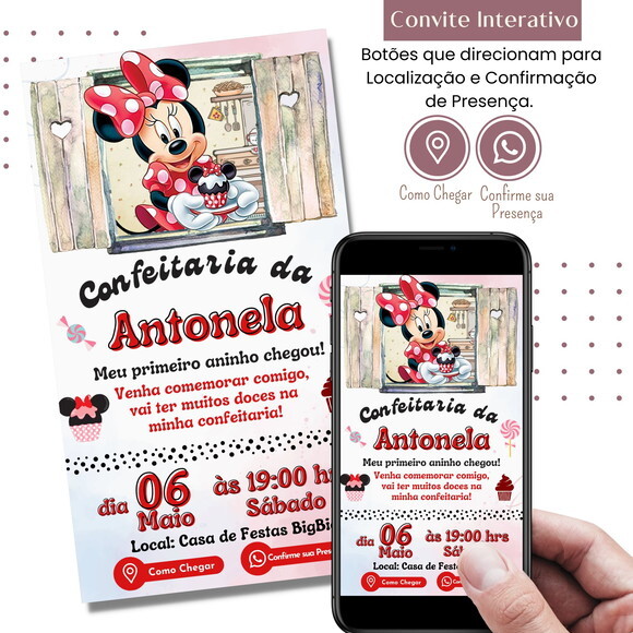 Convite Minnie Confeitaria Digital Interativo Virtual