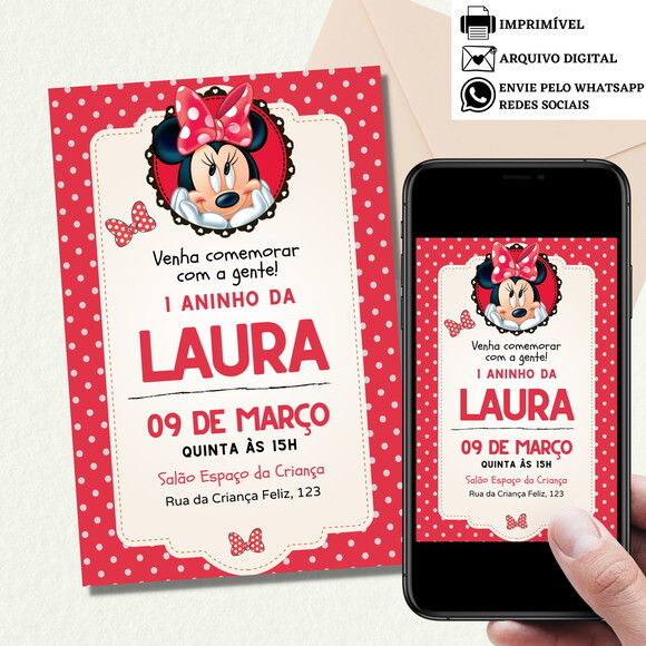 Convite Minnie Digital Virtual Aniversário