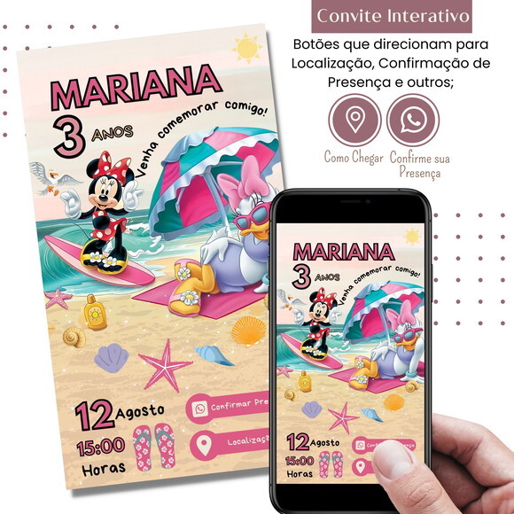 Convite Minnie Margarida Praia Digital Interativo Virtual