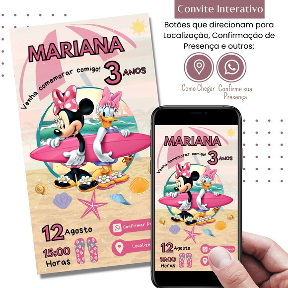Convite Minnie Margarida Praia Digital Interativo Virtual