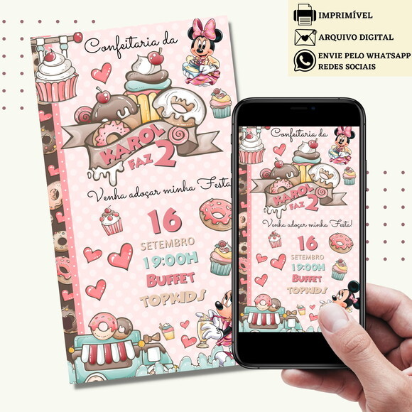 Convite Minnie Rosa Confeitaria Digital Virtual