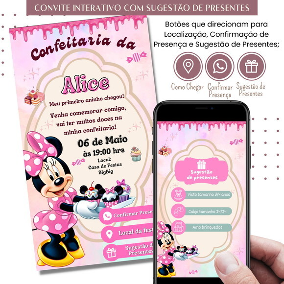 Convite Minnie Rosa Confeitaria Digital Sugestão de Presente