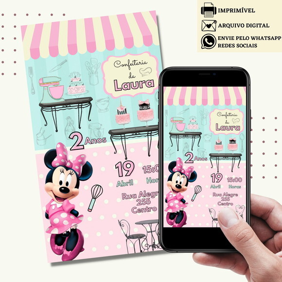 Convite Minnie Rosa Confeitaria Digital Virtual