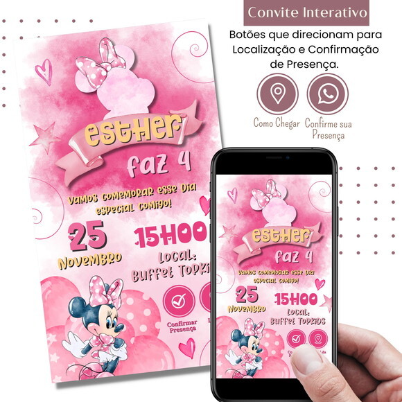 Convite Minnie Rosa Digital Interativo Virtual