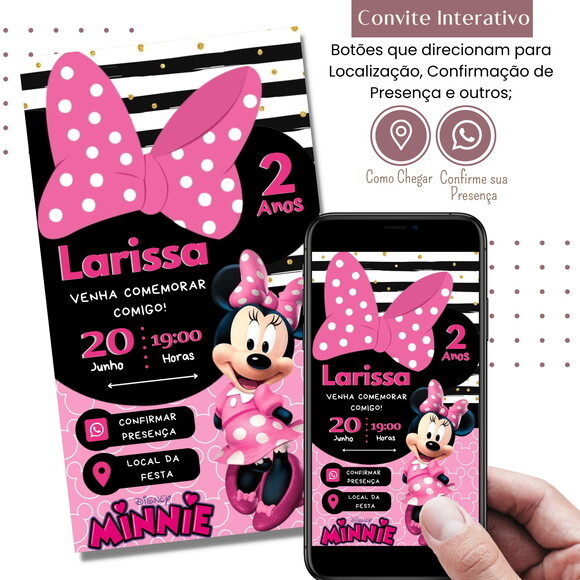 Convite Minnie Rosa Digital Interativo Virtual