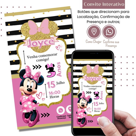 Convite Minnie Rosa Digital Interativo Virtual