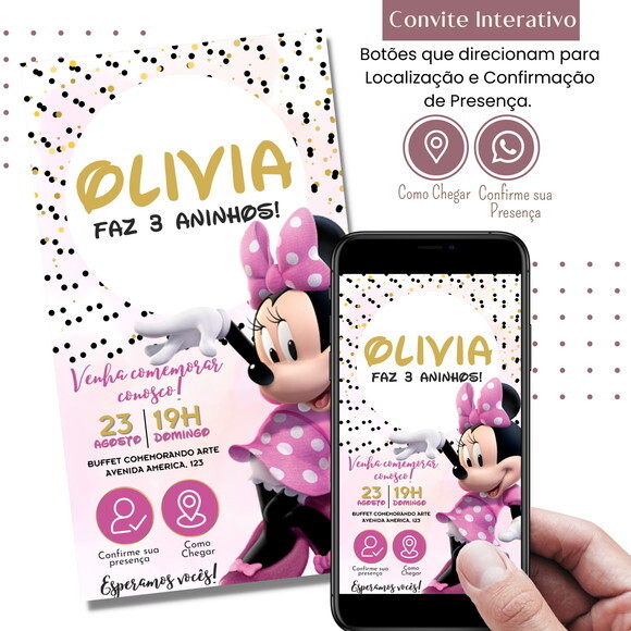 Convite Minnie Rosa Digital Interativo Virtual