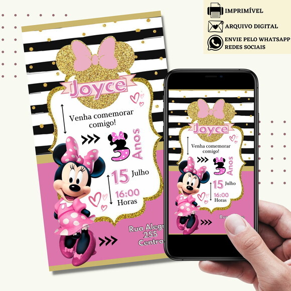 Convite Minnie Rosa Digital Virtual