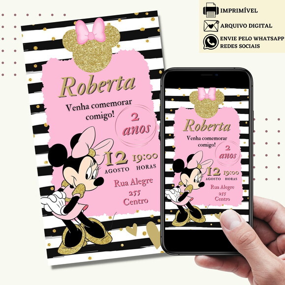 Convite Minnie Rosa Digital Virtual