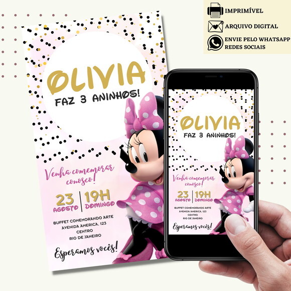 Convite Minnie Rosa Digital Virtual