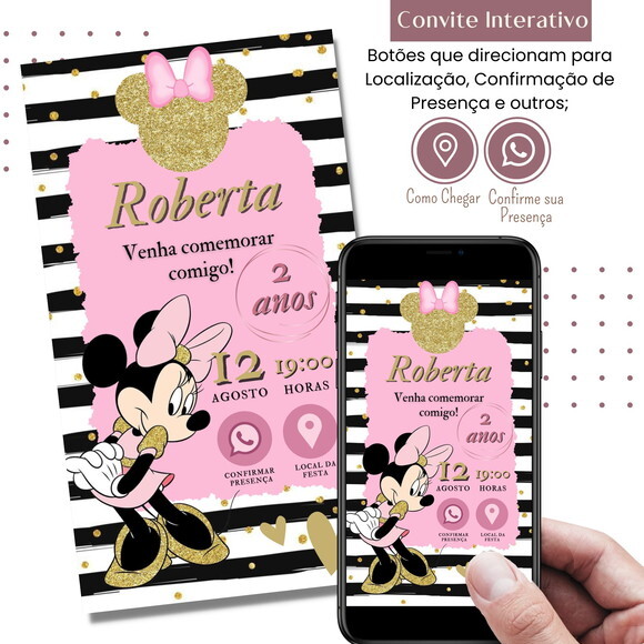 Convite Minnie Rosa Digital Interativo Virtual