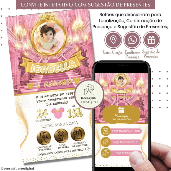 Convite Minnie Rosa Realeza Digital Sugestão de Presente