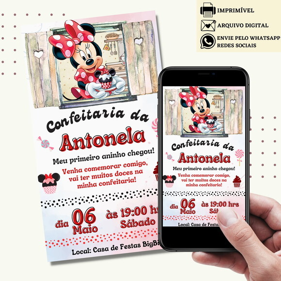 Convite Minnie Vermelha Confeitaria Digital Virtual