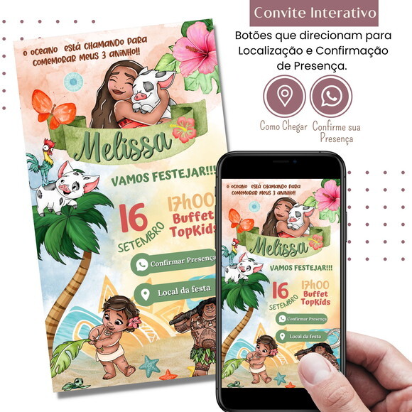 Convite Moana Aquarela Digital Interativo Virtual