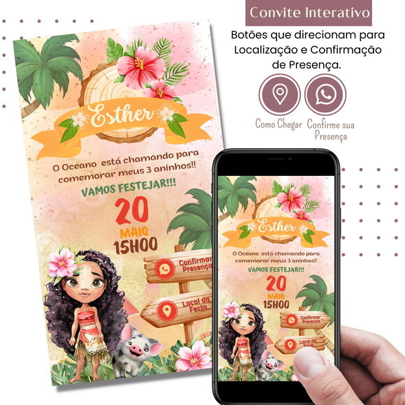 Convite Moana Aquarela Digital Interativo Virtual