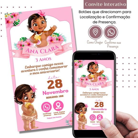 Convite Moana Baby Digital Interativo Virtual