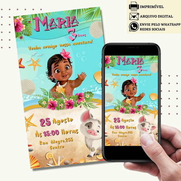 Convite Moana Baby Digital Virtual