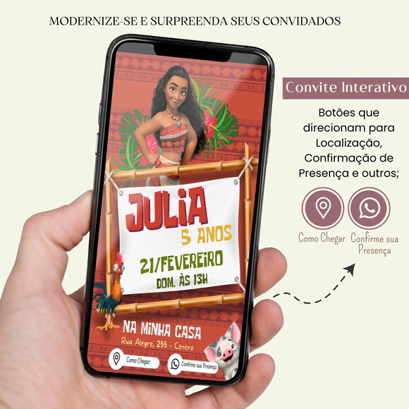 Convite Moana Digital Interativo Virtual Aniversário