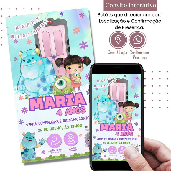Convite Monstros S.a. Boo Mike Digital Interativo Virtual