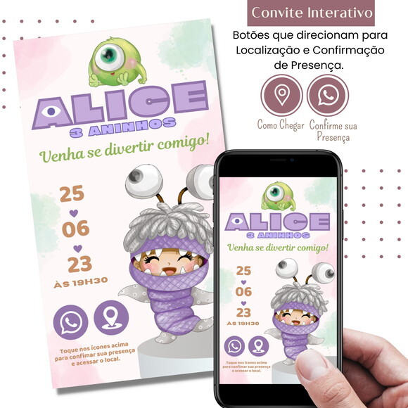 Convite Monstros S.a. Boo Mike Digital Interativo Virtual