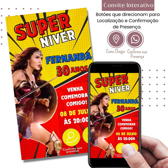 Convite Mulher-maravilha Adulto Digital Interativo Virtual