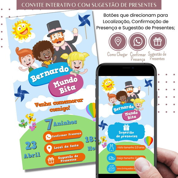 Convite Mundo Bita Digital Interativo Sugestão de Presente