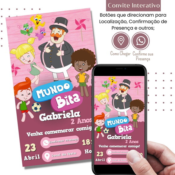 Convite Mundo Bita Rosa Digital Interativo Virtual