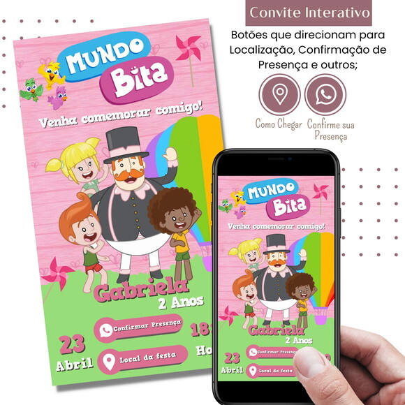 Convite Mundo Bita Rosa Digital Interativo Virtual