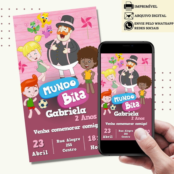 Convite Mundo Bita Rosa Digital Virtual