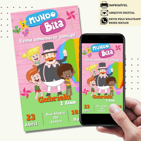 Convite Mundo Bita Rosa Digital Virtual