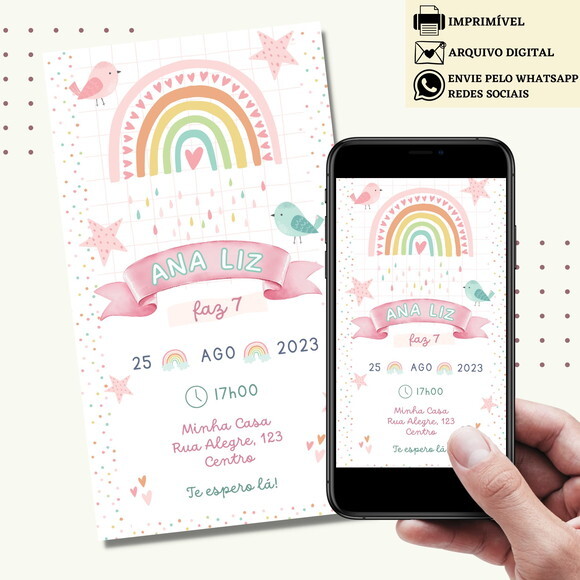 Convite Nuvem Chuva de Amor Arco Iris Boho Digital Virtual