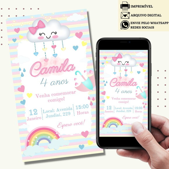 Convite Nuvem Chuva de Amor Arco Iris Digital Virtual Menina
