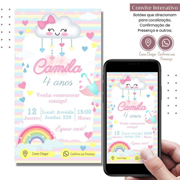 Convite Nuvem Chuva de Amor Arco Irís Digital Interativo