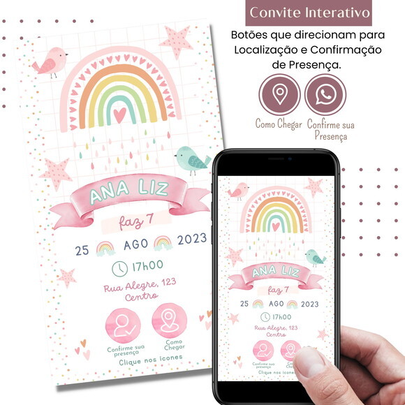 Convite Nuvem Chuva de Amor Arco Irís Digital Interativo