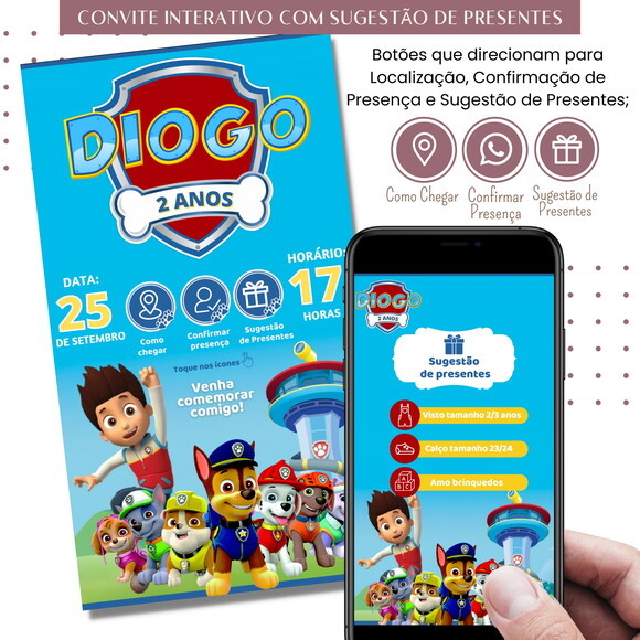Convite Patrulha Canina Digital Sugestão de Presente