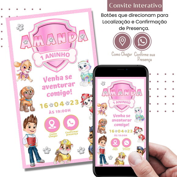 Convite Patrulha Canina Rosa Skye Digital Interativo