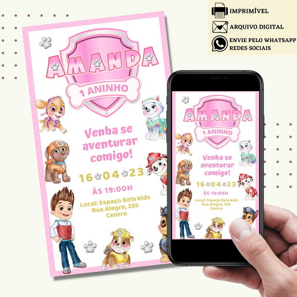 Convite Patrulha Canina Rosa Skye e Everest Digital Virtual