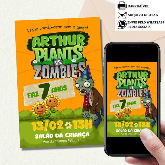 Convite Plants Vs Zombies Digital Virtual Aniversário